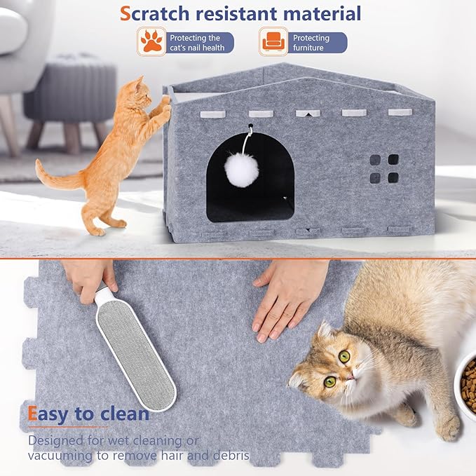 Cat House for Indoor Cats, Cat Beds Peekaboo Pet Cave with Fluffy Ball and Catnip Toy for Multiple Large Cats Up to 33 Lbs Foldable Cat Hideaway Scratch Resistant Felt Cat Cube for Kitten Kitty, Grey