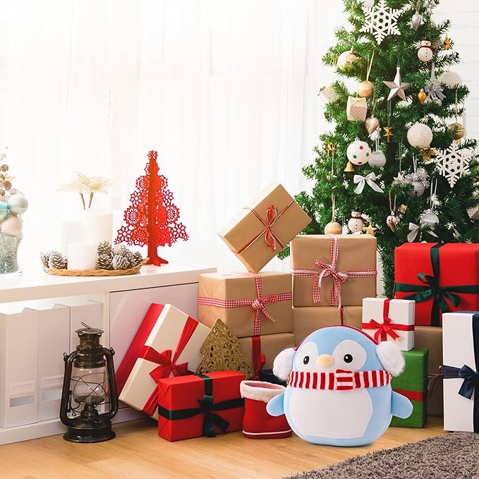 Christmas Penguin Plush with Scarf and Earflap Cute Penguin Plushie for Kids Boys Girls Blue 12 inch