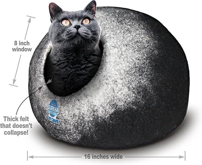 Felt Cat Cave Bed, Handmade Covered Cat Bed Cave, Wooly Cave for Cats, Dome Shaped Cat Pod, Cat Beds & Furniture, Felt Cat Beds for Indoor Cats (Black and White)