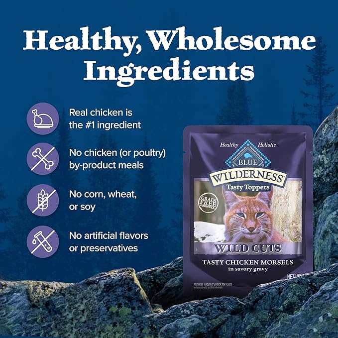 Blue Buffalo Wilderness Wild Cuts Grain-Free Wet Cat Food, Meal Toppers Made with Natural Ingredients, Tasty Chicken Morsels in Savory Gravy, 3-oz. Pouches (24 Count)