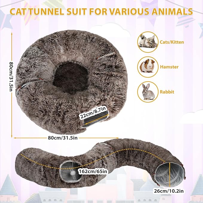 KOMUSMO Cat Tunnel Bed with Central Mat and Hanging Ball Toy, Multifunctional Large Cat Bed Cave Donut for Indoor Cats, Soft Plush Fluffy Collapsible Peekaboo Cave for Small Medium Large Cats Kittens