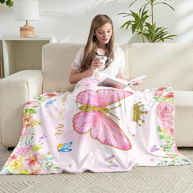 Butterfly Throw Blanket for Girls Teens Women Toddler Watercolor Blanket Soft Fuzzy Flannel Bed Blanket Plush Butterfly Birthday Gifts for Women Girls Mom Kids Teens Adults,60”x80”
