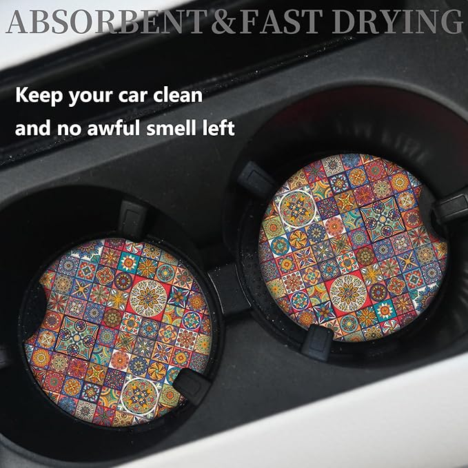 Car Coasters, Boho Absorbent Car Cup Holder Coasters, 2.75inch, Mandala Style for Women Men, 2 Pack Absorbent Universal Neoprene Car Coasters with Finger Slot