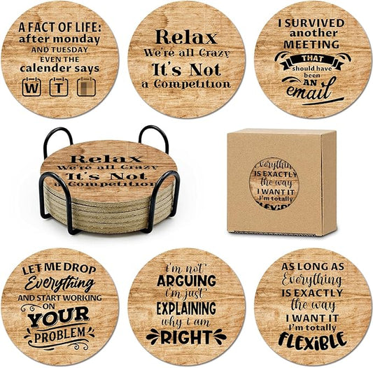 6 Pcs with Holder Drink Cork Coasters,Funny Office Gifts for Coworkers,Novelty Gifts for New Colleagues Employees Boss,Office Desk Coasters,Humorous Christmas Birthday Gifts for Men Women