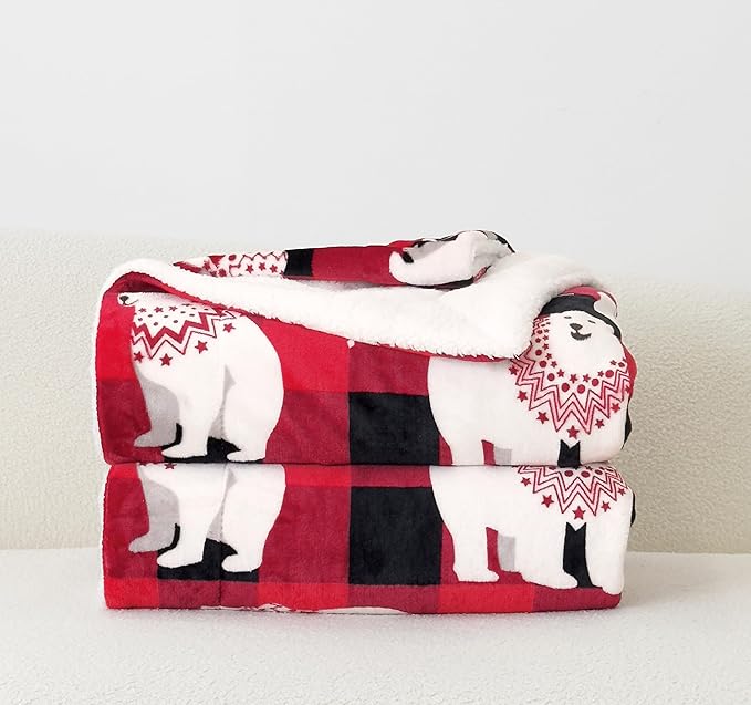 Elegant Comfort Reversible and Ultra-Plush Flannel Fleece-Winter Christmas Sherpa Throw- Lightweight Soft and Cozy-Holiday Decorative Throw, Perfect for Lounging, 50 x 60 inches, Polar Plaid Red