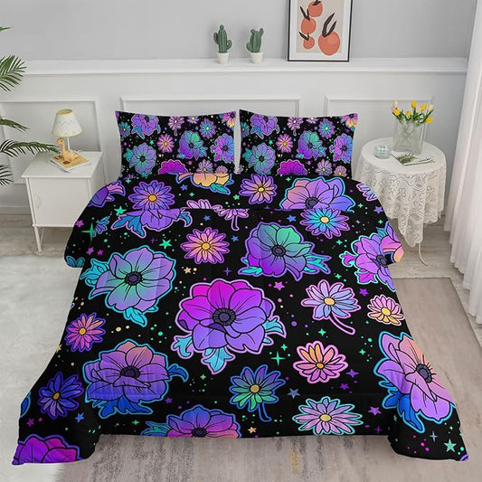 Axolotl Neon Floral Bedding Set Queen,Gradient Floral Comforter Set for Girls,Colorful Flower Bedding Set Stars,Galaxy Series Comforter for Kids Boys Girls Teens Adults,1 Quilt 2 Pillowcases,Black