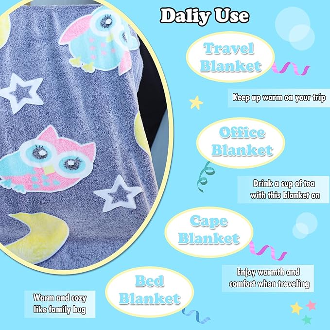 2025 Best Gift Glow in The Dark Blue Cute Bird Throw Blanket with Storage Bag, Soft Throw Blanket for Boys Girls, Birthday New Year Gift, Kids Blanket, Day Care Home Use, 50"x60" Blue