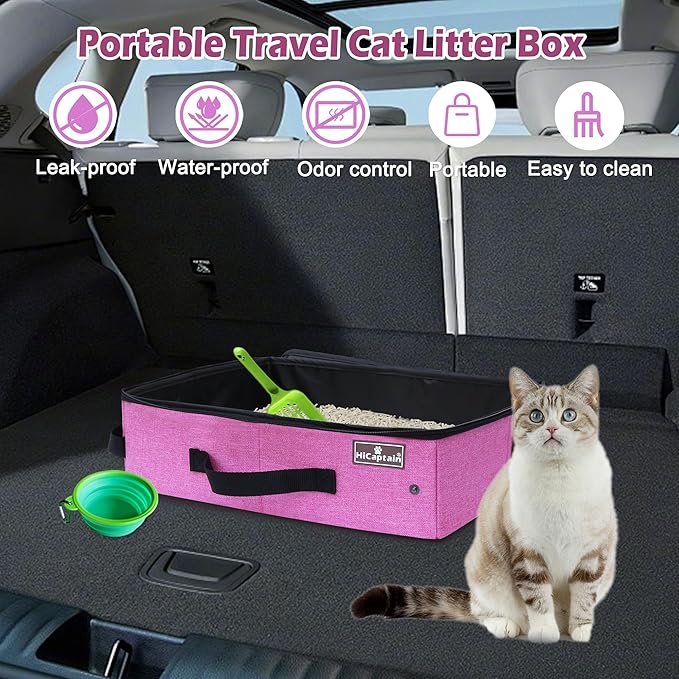 HiCaptain Portable Cat Travel Litter Box with Lid, Collapsible Travel Litter Box for Medium and Large Cats, Leak Proof, Foldable Standard Litter Carrier Box for Traveling - Pink