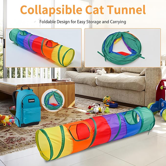iCAGY Cat Tunnel for Indoor Cats, Pet Cat Kitten Rabbit Ferret Play Toys Tube Tunnel Interactive Crinkle Pop Up Rainbow Shape I S