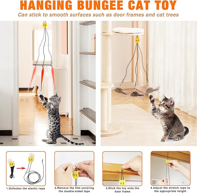 JXFUKAL Interactive cat Toy, Automatic Cat Wand Toy with Stable Wooden Base, 2 PCS Detachable Cat Teaser, 5PCS Refills Replacement & Hanging Cat Toy, Kitty Kitten Toys Cat Feather Spring String Toy