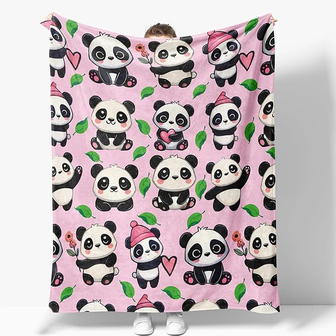 Panda Blanket Gifts for Women Men Girls Boys Panda Print Present for Kids Adult Teen Birthday Valentines Mothers Festival Christmas Decor Bedroom Living Room Couch Sofa Soft Flannel Pink Throw 60"x50"