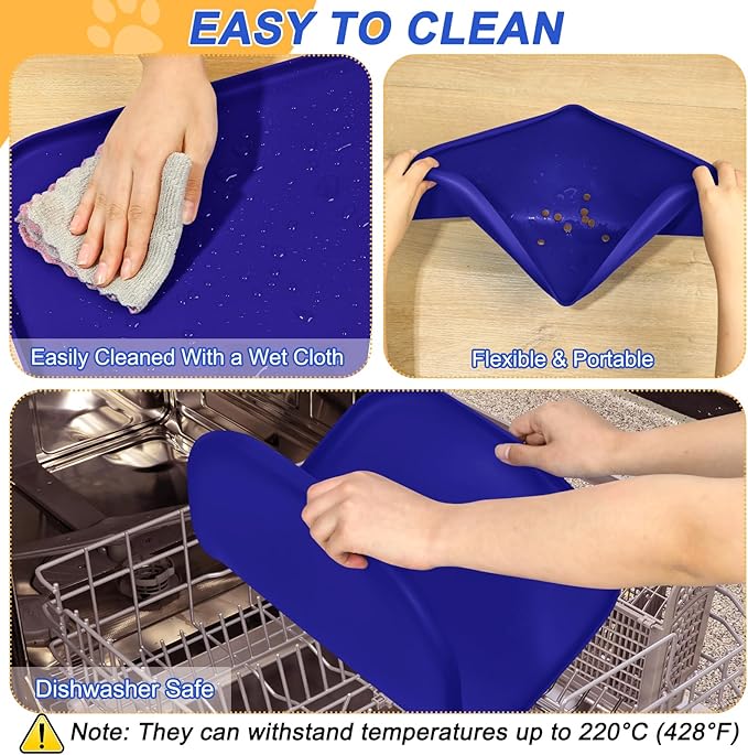 Silicone Pet Feeding Mat with Raised Edge for Food and Water, Dog Bowl Mats, Cat Bowls Placemat with High Lip for Floor Waterproof, Rubber Tray for Cats and Dogs 24 x 16 x0.8 Navy Blue