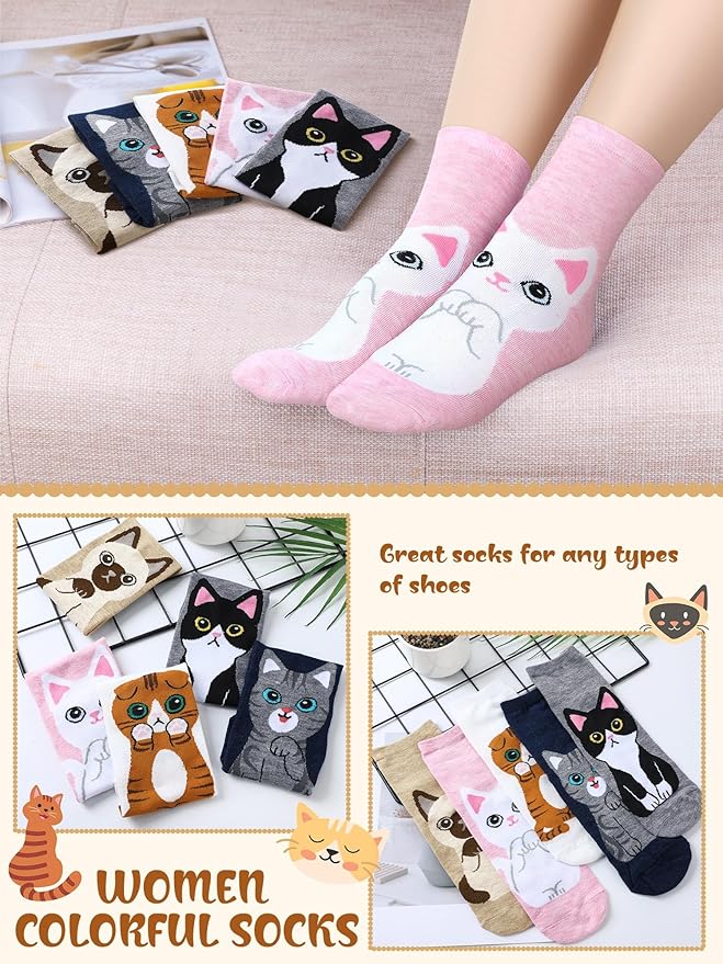 5 Pairs Women Cat Socks Cute Animal Pattern Socks for Women Funny Kitty Ankle Sock Ladies Soft Cotton Gift Socks