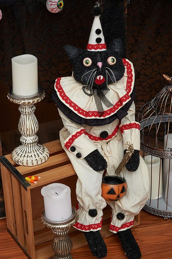 C&F Home Sebastian Black Cat Clown Halloween Figure Figurine Joe Spencer Gathered Traditions Soft Figure with Pumpkin Jack O Lantern Basket Decor Spooky Decoration 9" x 5" x 33" Multicolored