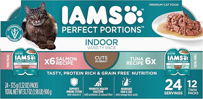 Iams Perfect Portions Indoor Adult Grain Free Wet Cat Food Pate Variety Pack, Salmon and Tuna Recipes, 2.6 oz. Easy Peel Twin-Pack Trays (12 Count, 24 Servings)