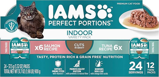 Iams Perfect Portions Indoor Adult Grain Free Wet Cat Food Pate Variety Pack, Salmon and Tuna Recipes, 2.6 oz. Easy Peel Twin-Pack Trays (12 Count, 24 Servings)