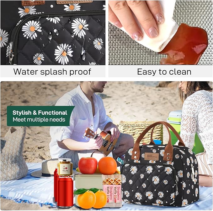 Buringer HOMESPON Lunch Bag for Woman Man Adults with Front Pocket Insulated Lunch Tote Lunch Box Container for Work Picnic or Travel（Daisy）