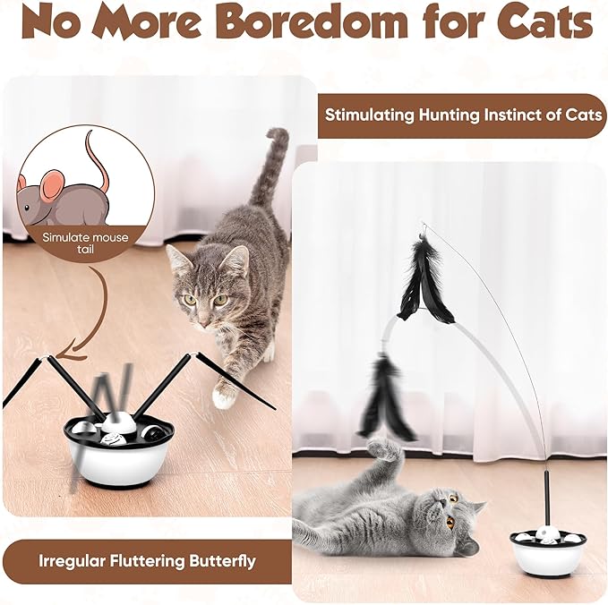 Cat Toys for Indoor Cats Automatic Cat Toy Cat Dancer Interactive Cat Toy Kitten Toys with Feather Butterfly Ribbon Cat Wand Catnip Toys for Cats Enrichment USB Rechargeable (Black)
