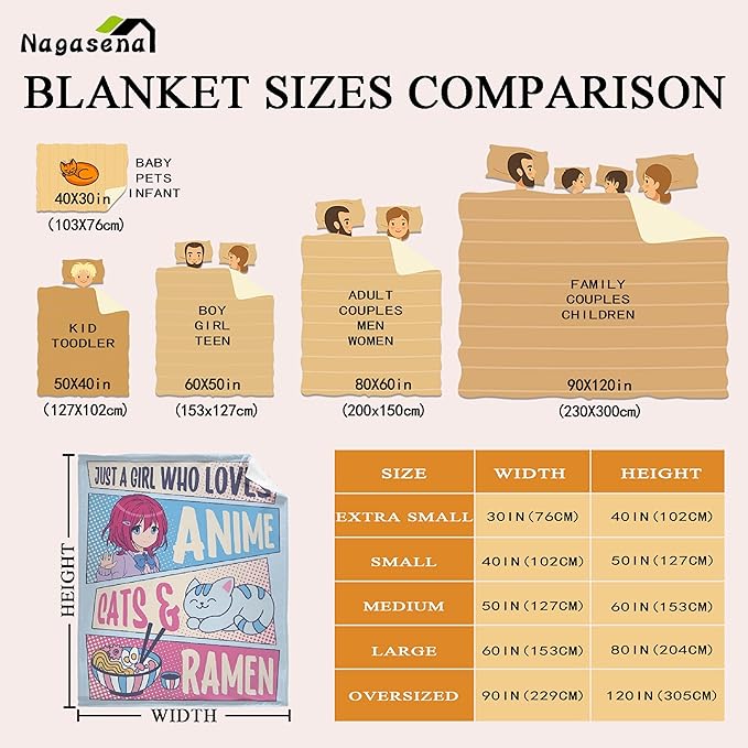 Just A Girl Anime Blanket - Kawaii Decor, Cats & Ramen, Luxurious & Cozy, 40X50 Inch, Kids/Child