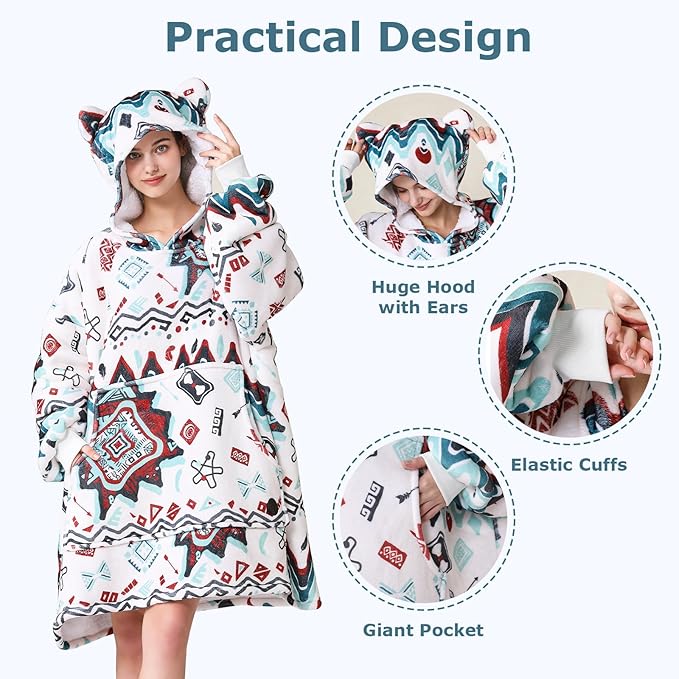 THREE POODLE Wearable Blanket Hoodie for Women, Oversized Sherpa Sweatshirt Blanket for Adults Men, Warm Cozy Bohemia Hooded Blanket, Gifts for Mom Girlfriend Sister