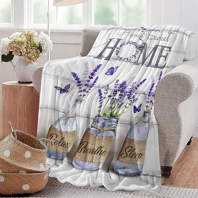Farmhouse Floral Blanket for Women Girls Ultra Soft Cozy Lavender Flower Throw Blanket Fleece Fuzzy Plush Bedding Blanket Purple Flower Gifts for Women Girls Kids Adults Couch Sofa 80"x60"
