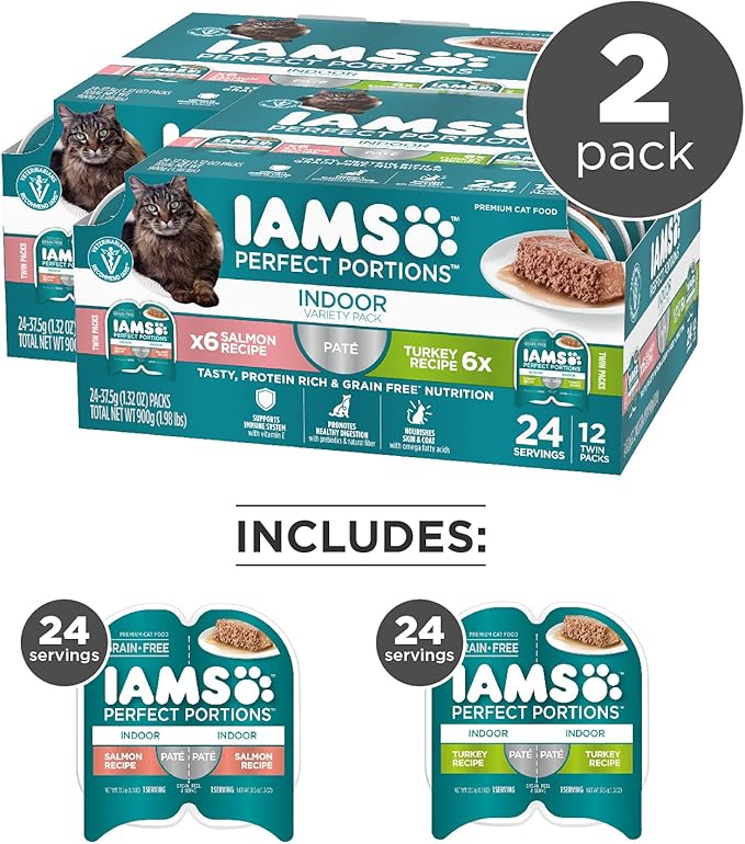 IAMS PERFECT PORTIONS Indoor Adult Grain Free* Wet Cat Food Pate Variety Pack, Salmon Recipe and Turkey Recipe, 2.6 oz. Easy Peel Twin-Pack Trays 24 Count, (Pack of 2)