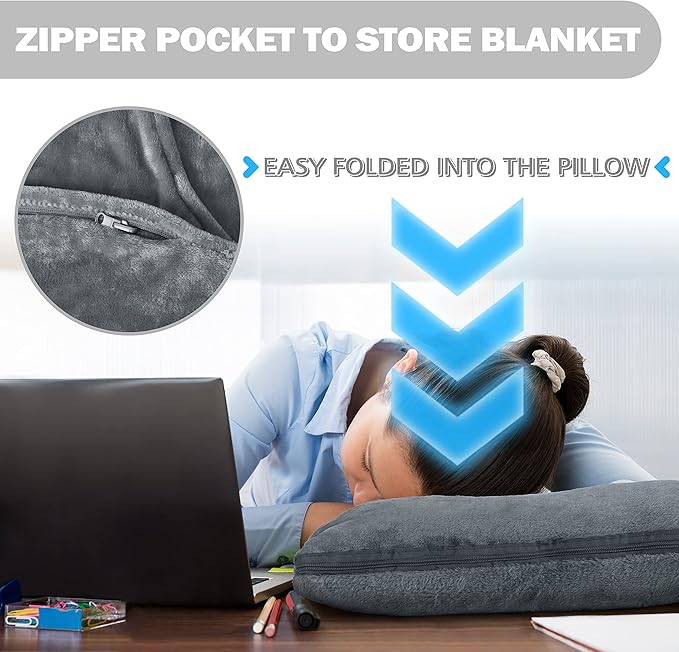 Solaris Travel Wearable Blanket with Sleeves, 2 in 1 Packable Airplane Pillow Blanket for Adult Women Men, Soft Cozy Warm Snuggy Body Blanket for Outdoor Indoor Home Lounge, Gray