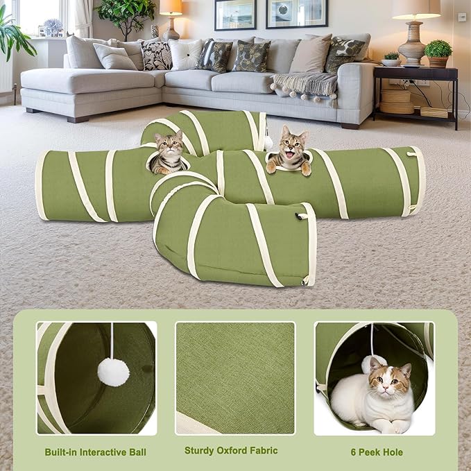 Ownpets Cat Tunnel Large 12 inch Diameter, Cactus-Shaped Cat Tunnel Toy, Sturdy Oxford Fabric Collapsible Cat Tunnels for Indoor Cats, Interactive Peek Hole Pet Tunnel Tube with Cat Wand Toy, Green