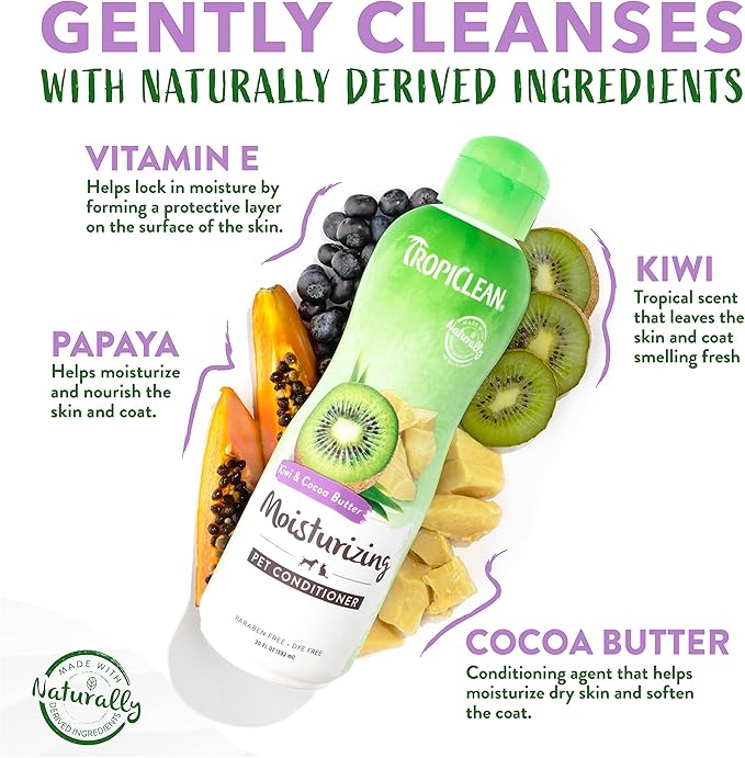 TropiClean Cat & Dog Conditioner, Puppy & Kitten Safe, Easy Detangling & Moisturizing, Kiwi & Coco Butter Scent, Made in the USA, 1 gallon