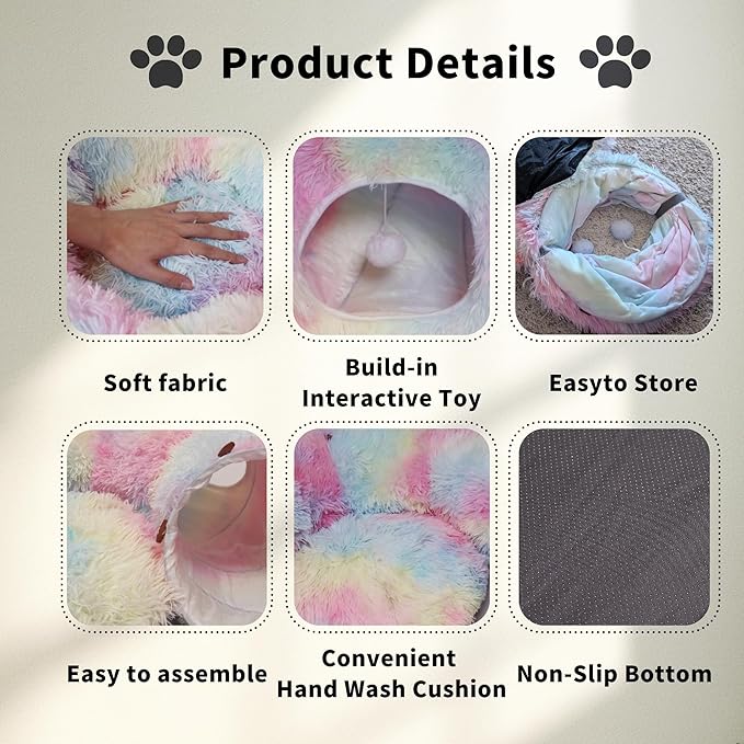 Cat Tunnel Bed for Indoor Cats with Washable Cushion Cat Cave Donut Tunnel with Fluffy Ball Big Round Tube Pet Playground Toys Soft Plush Peekaboo for Kitten, Cat, Puppy, Rabbit, Ferret