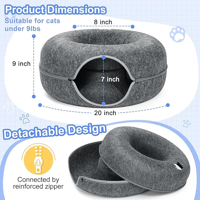 Cat Tunnel Bed, FULUWT Cat Tunnel with Ventilated Window for Indoor Cats, Cat Cave for Hideaway, Anti-Collapse Felt Donut Tunnel for Small Pets. (20 Inch, Dark Grey)