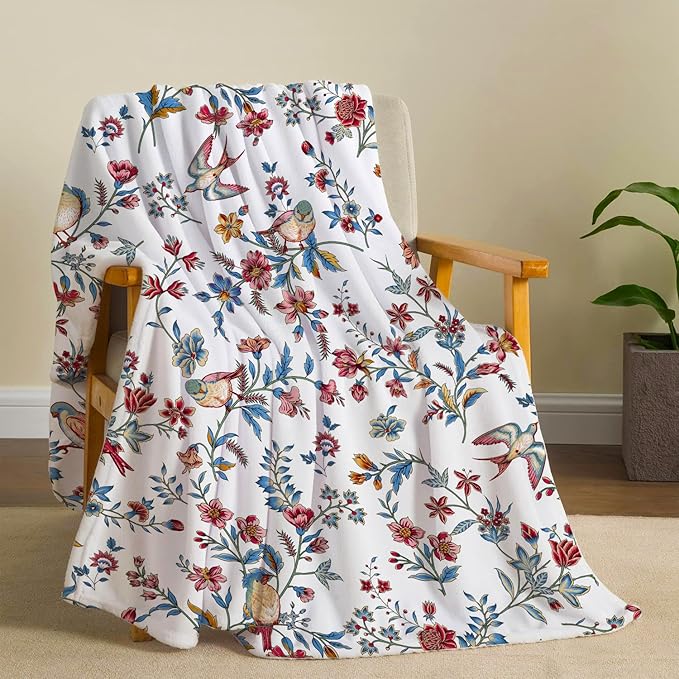 Bird Floral Throw Blanket Flower Plant Cozy Fuzzy Plush Throw Blanket Flannel Fleece Throw Blankets Gift for Women Girl Adult Boho Blankets for Bed Sofa Travel 50" x 60" Inch