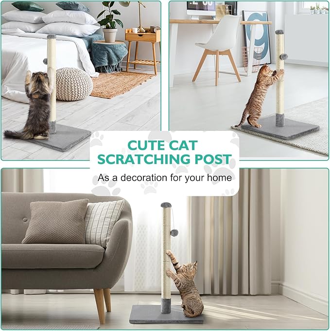 32" Tall Scratching Posts for Indoor Cats Adults Cat Scratchers with Interactive Hanging Toy Ball Cat Scratch Furniture Protector Scratcher Post with Stable Heavy Base, Light Grey