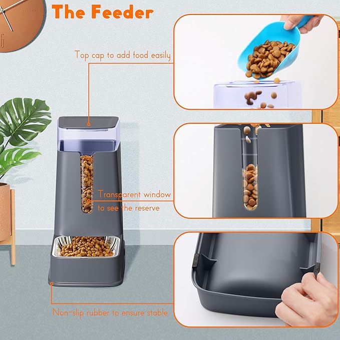 Cat Food Dispenser and Cat Water Dispenser Set with Stainless Steel Bowls Gravity Dog Feeder for Small Medium Big Cat Dog Pet Puppy Kitten, 1 Gallon x 2