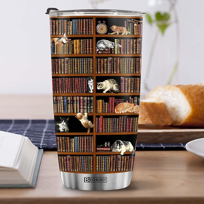 BECHUSKY Cat Library Bookshelf Tumbler - Cat Book Lover Librarian Reading Gift for Friends, Readers, Bookworm, Book Lovers on Birthday, Christmas, Anniversary