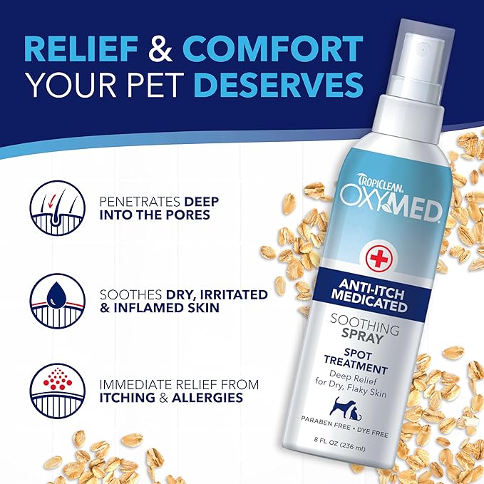 TropiClean Oxymed Cat & Dog Medicated Shampoo for Itchy Skin and Oxymed Medicated Itch Relief Spray Set, Skin Soothing Oatmeal Shampoo for Dogs & Cats | Set of 2