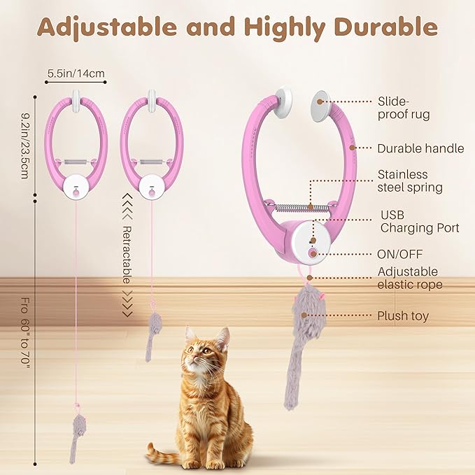 Interactive Cat Feather Toys, Retractable Teaser Toy, Hanging Interactive Toys for Indoor Cats Kitten Play Chase Exercise, Automatic Kitten Mental Exercise Toys, with Three Mice Plush Toy