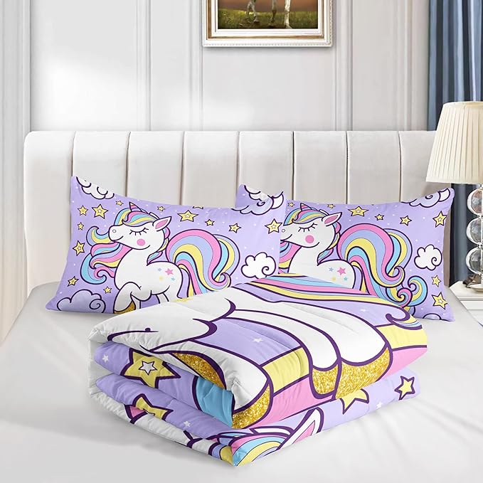 Axolotl Rainbow Unicorn Bedding Set Twin,Purple Unicorn Kids Comforter Sets with Stars Cloud for Girls,1 Quilt with 2 Pillowcases for Girls Kids Teens Children Adults Bedroom Decor All Season