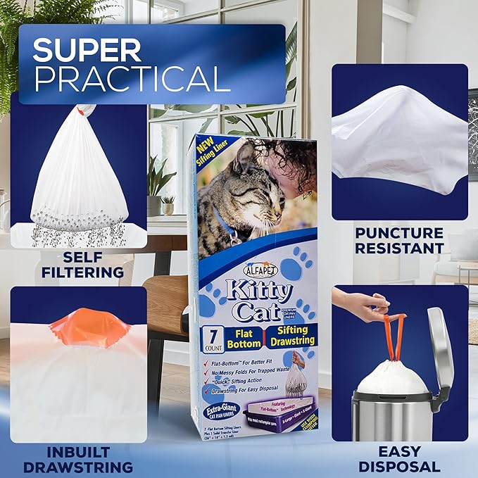 Alfapet Self Sifting Cat Litter Box Liners, Set of 42, Flat Bottom, Reinforced, XL Design for Large Trays, 13 Gallons