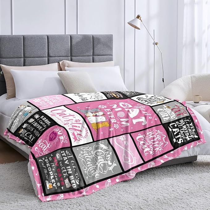 Cat Mom Blanket Gifts for Women Girls Soft Flannel Cat Throw Blanket Best Cats Mom Ever Blankets Gifts for Birthday Home Decor Adults 80"x60"
