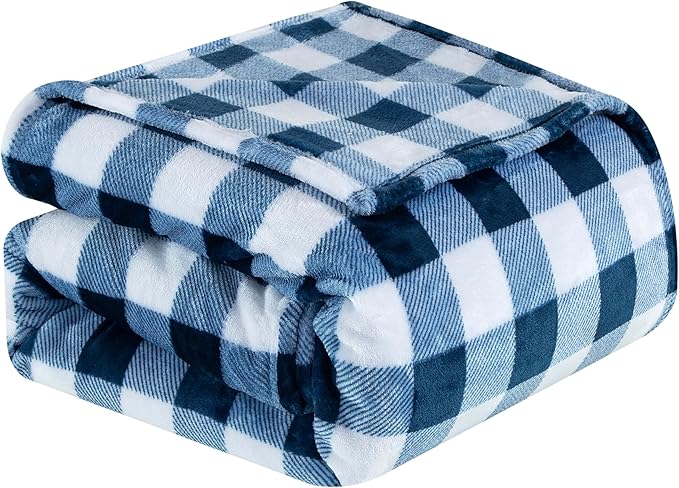 Elegant Comfort Velvet Touch Ultra Plush Christmas Holiday Buffalo Plaid Fleece Throw/Blanket-50 x 60inch, Buffalo Navy