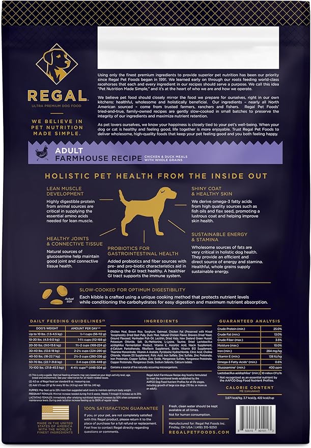 Regal Pet Foods Adult Farmhouse Recipe (Chicken and Duck) All Natural, Slow Cooked Whole Grain Dry Dog Food for All Breeds and Sizes of Adult Dog - Made in The USA, 13 LB Bag