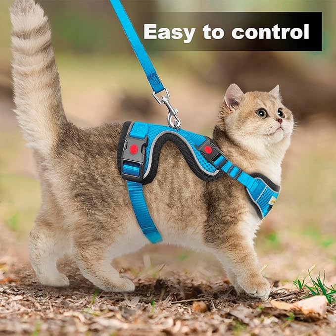 Cat Harness and Leash for Walking, Retractable Cat Harnesses and Leash Set Escape Proof, Breathable Soft Kitten Harness Small Large Cat Harness for Travel Training and Walking, Blue, M