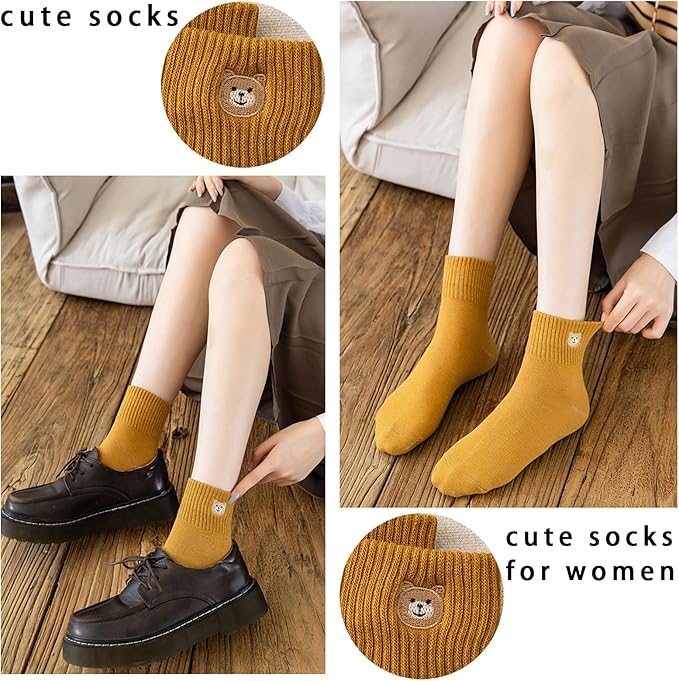 5 Pairs Women's Cute Bear Ankle Socks With Animal Embroidery - Gifts for Women