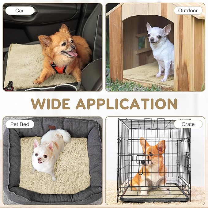 4 Pack Self Warming Cat Bed Pad Self Heating Cat Dog Mat with Fluffy Faux Fur Plush Cat Calming Bed Thermal Cat Mat Washable Pet Pad Anti Slip Bottom for Outdoor Indoor Pets (Camel,16" X 20")