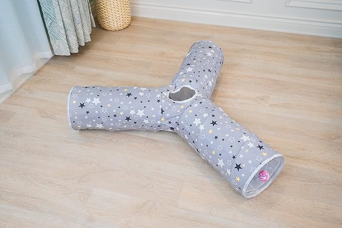 Cat Tunnel,Large Cat Tunnel for Indoor Cat, Kitten Toys Collapsible 3 Ways Play Toy, Pet Tube Hideaway Tunnel with Ball for Cats Rabbits Kittens (Gray Star Large)