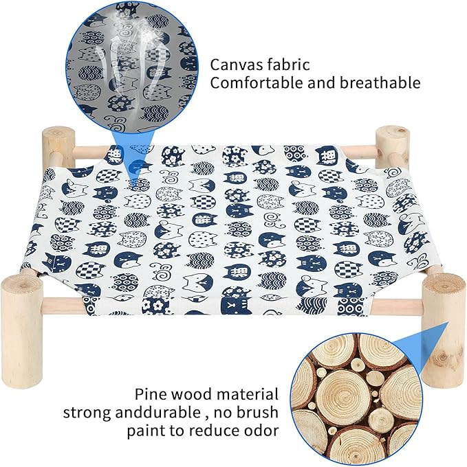 TUSATIY Cat Wooden Hammock Bed, Pine Wood, Elevated Pet Sleeping, Breathable, Removable, Washable, Anti-Moisture, Stable Support, 39 lbs