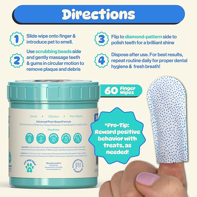 All-in-1 Dog Teeth Cleaning Wipes | Enzymatic Whitening + Premium Scrubbing Beads | No Mess, Pet Dental Wipes & Finger Tooth Brushing Kit | Plant-Based Dental Care for Cats & Dogs (60 Count)