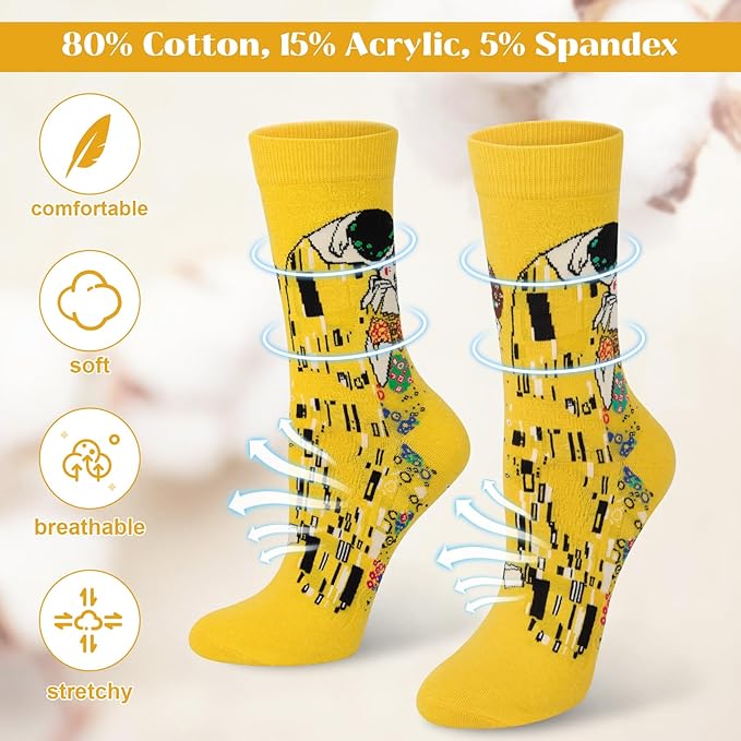 5 Pairs Womens Fun Famous Painting Patterned Art Socks Cotton, Printed Cool Novelty Funny Socks for Women
