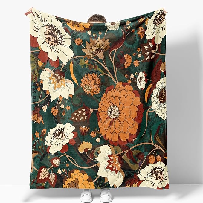 Boho Colorful Floral Blanket Gifts for Women Girls Mom Wife Birthday Christmas Valentine Present Bohemian Flower Theme Rustic Decor Bedroom Living Room Couch Sofa Kids Adult Soft Flannel Throw 60"x50"